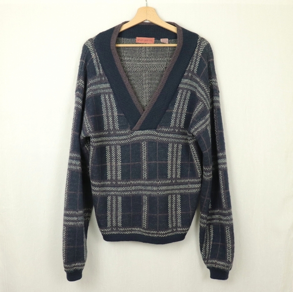 Purple blue wool chunky checked v-neck sweater - Picture 4 of 8